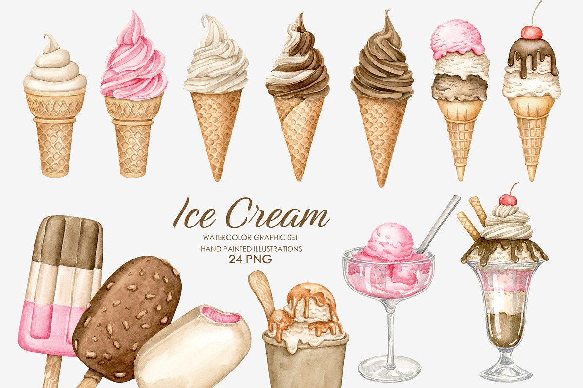 Watercolor Ice cream clipart, a Food Illustration by AquarelleSpace (Photo 1 of 5)