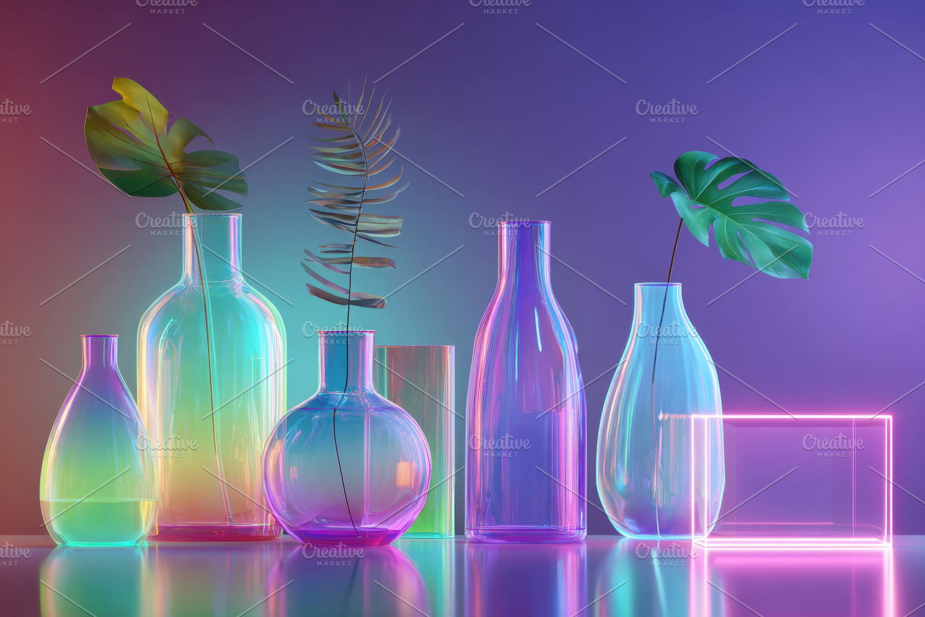 Colorful glass vases and geometric shapes display, a Nature Photo by AlyaAnd
