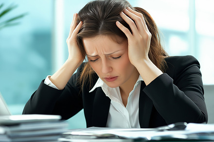 Overwhelmed woman holds her head in, a Business Photo by MistyDay