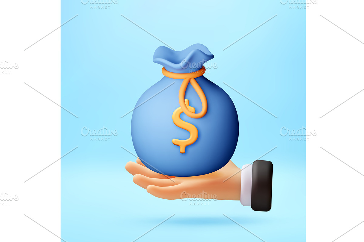 Hand holding a 3D blue bag with, a Finance Illustration by Abscent