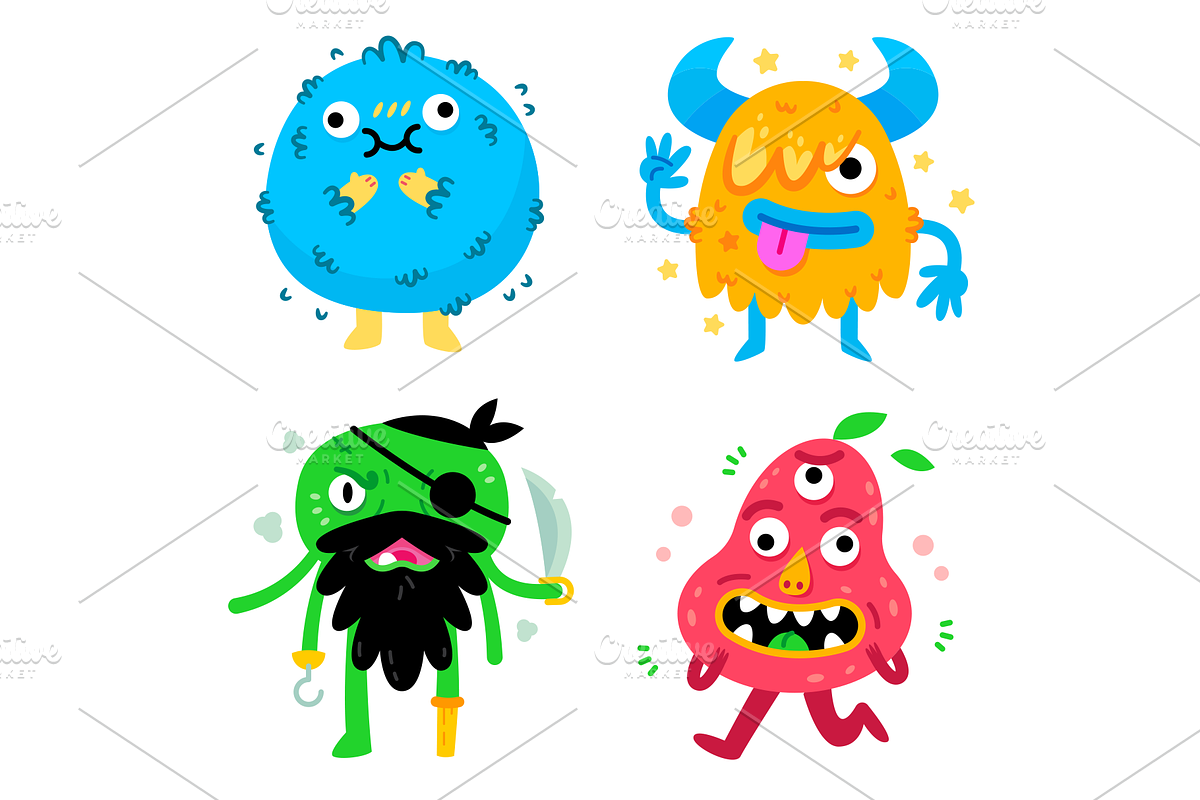 4 Silly Cartoon Monster Characters, an Illustration by Manudesign (Photo 1 of 3)