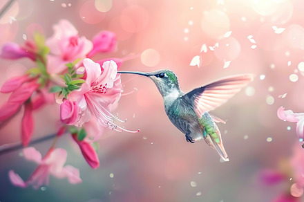 Hummingbird hanging in the air near the flower on blurred background, an Animal Photo by AlyaAnd