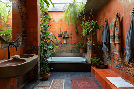 A stylish Bohemian interior design style bathroom featuring a bathtub, large mi, an Arts & Entertainment Photo by Textures & Backgrounds