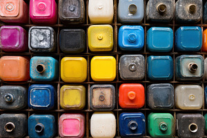 Colorful array of paint containers, a Photo by Pavel_design