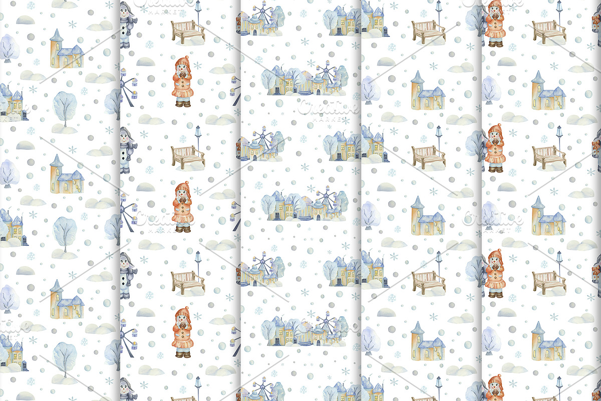Watercolor Winter city of snowmen, a Decorative Illustration by Watercolor arts (Photo 4 of 6)