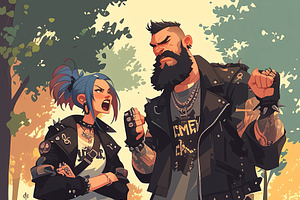 Stylish Punk And Metal Couple In Animated Outdoor Park Scene