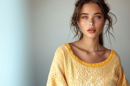 A confident young woman showcasing natural beauty in a chic yell, a Beauty & Fashion Photo by AS photostudio