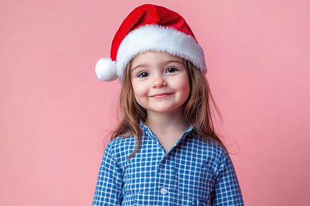 Smiling child girl in checkered pajamas and red santa hat, a Person Photo by AlyaAnd