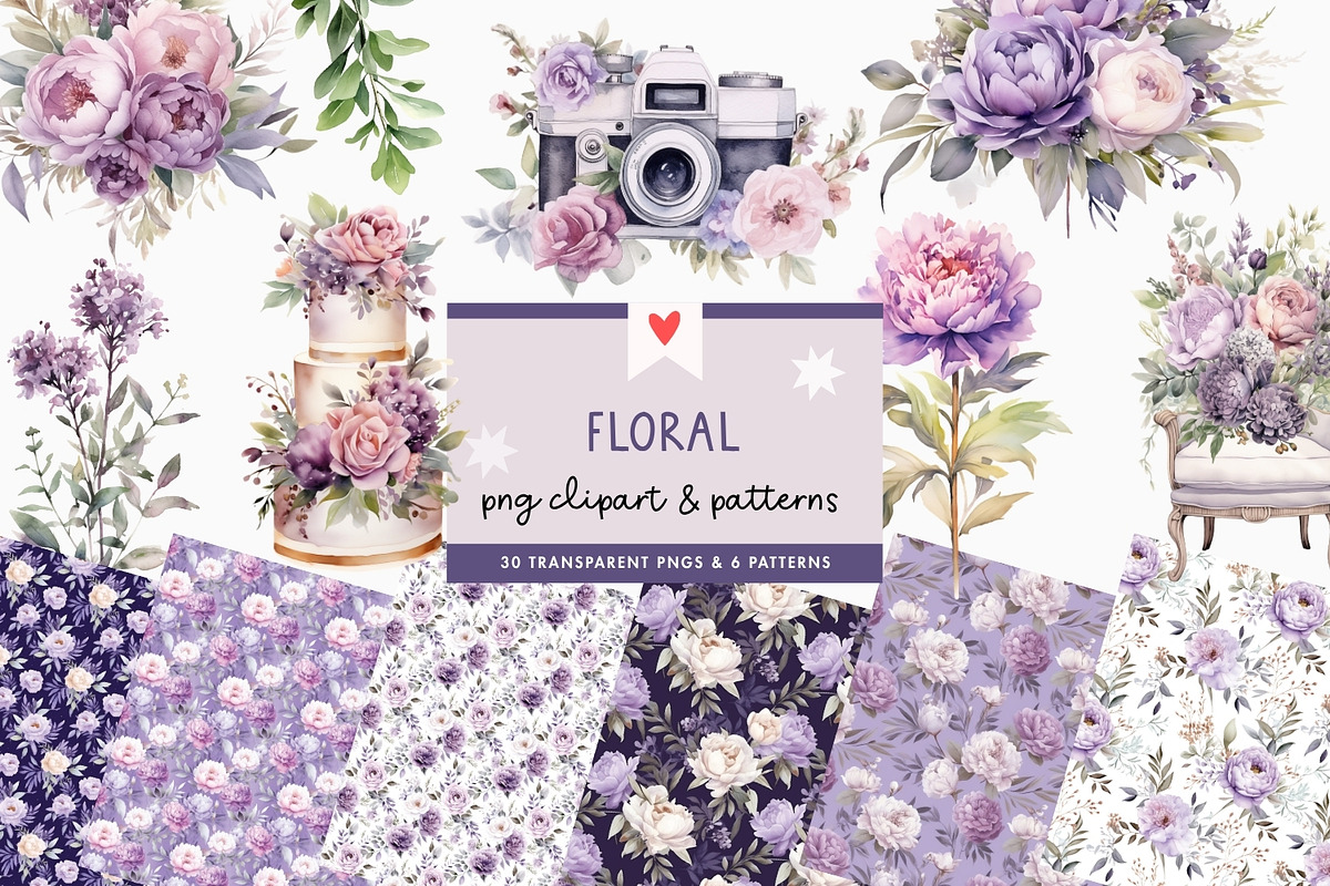 Purple Watercolor Floral & Patterns, a Decorative Illustration by illuztrate (Photo 1 of 9)