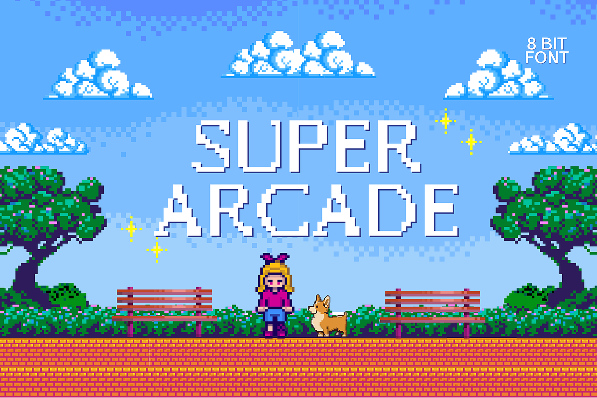 Super Arcade Font – 8-Bit Pixel Type, a Sans Serif Font by Creativetacos (Photo 1 of 10)