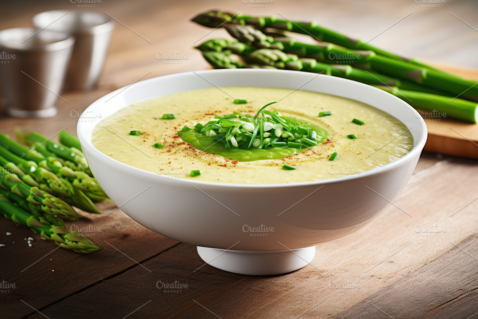 Asparagus cream soup in plate, a Food & Drink Photo by AlyaAnd