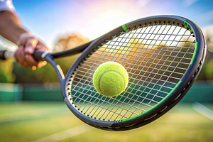 Tennis Ball Resting on Racket Strings, a Sports & Recreation Photo by Davizro's Market