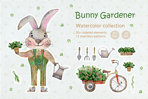 Gardening tools illustration. Bunny