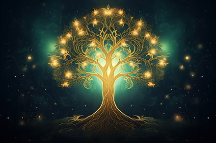 Ornate spirit tree with glowing golden flowers, on sparkling bla, a Nature Photo by Studio Light & Shade
