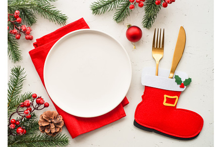 Christmas table setting. White plate, a Food & Drink Photo by Nadia-nb