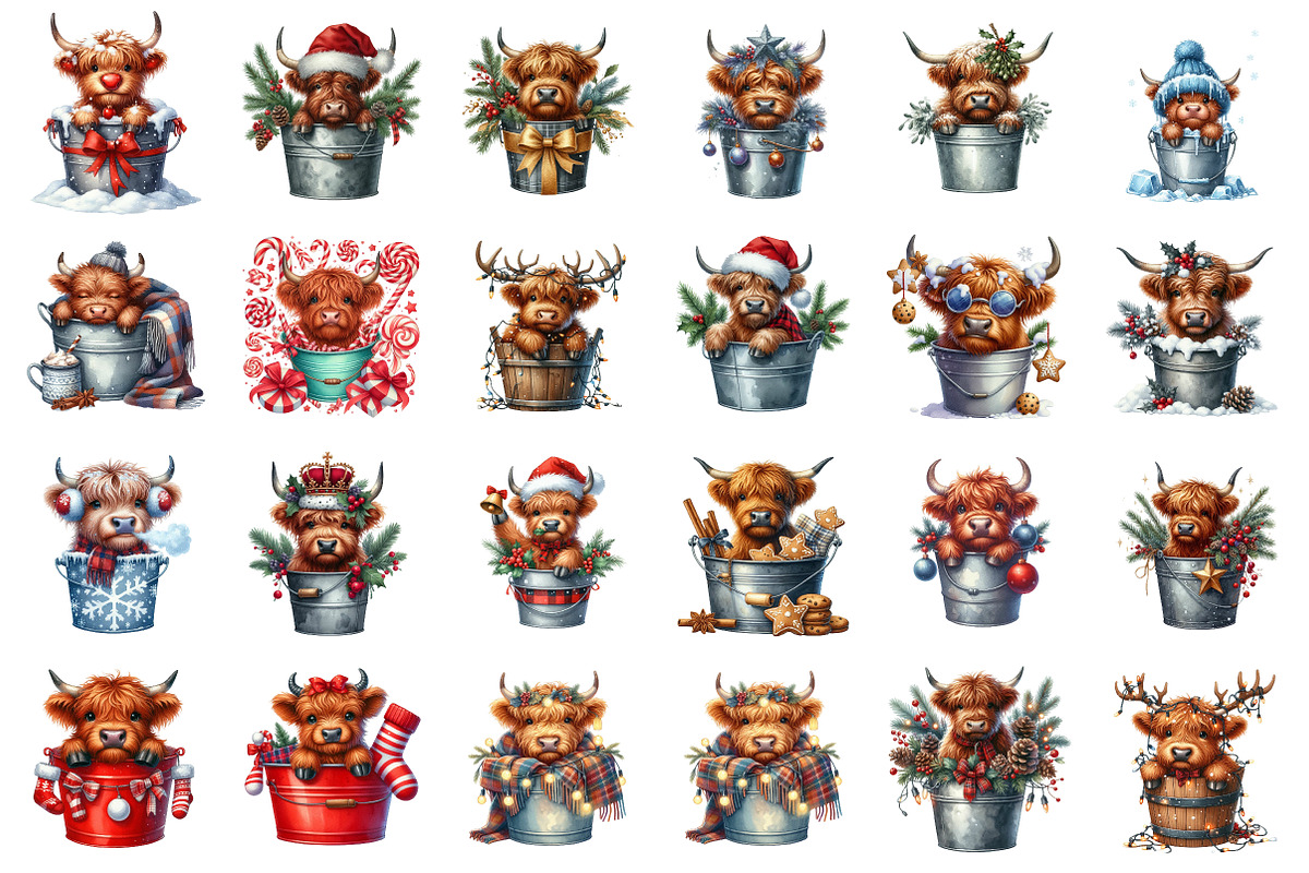 Christmas Highland Cows Clipart, an Illustration by SinaCreation (Photo 2 of 7)
