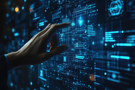 Hand interacting with futuristic dig, a Background Photo by Pixeness