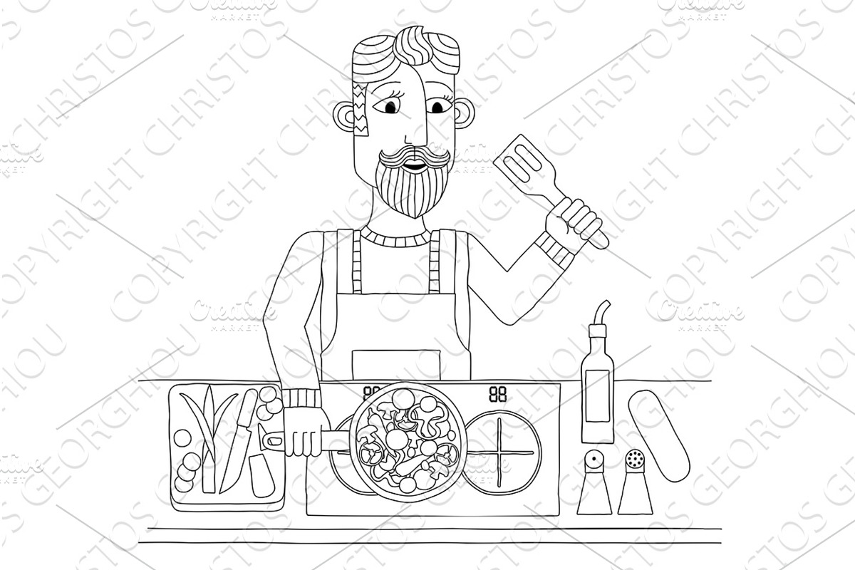 Man Cooking Vegetable Curry Chinese, a Food Illustration by Christos Georghiou