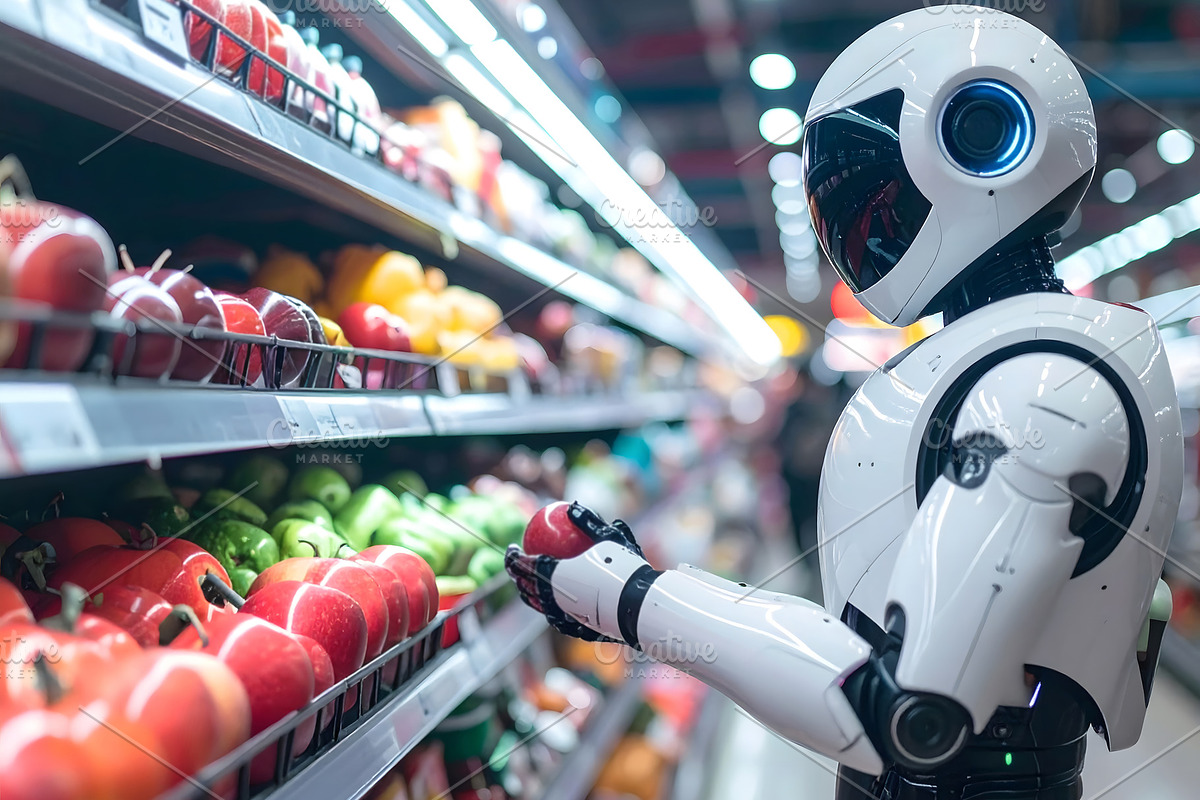 Humanoid robot choosing apples in high tech supermarket environm, an Industrial Photo by GoodGoods (Photo 1 of 2)