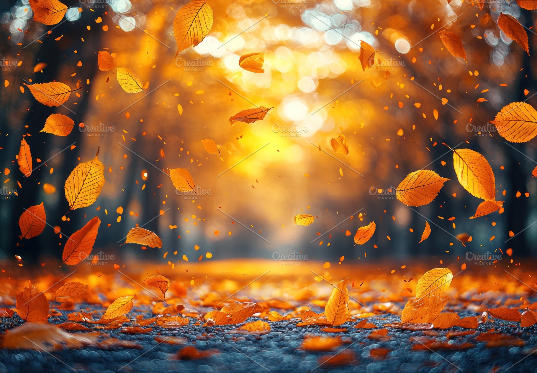 Autumn forest path with colorful orange leaves falling in warm s, a Nature Photo by José Manuel Gelpi
