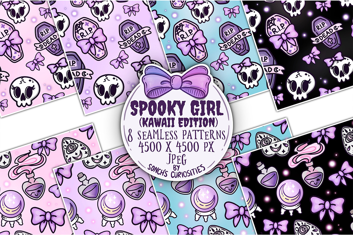 Kawaii Spooky girl seamless patterns, a Pattern Graphic by Sonch' s Curiosities (Photo 1 of 3)