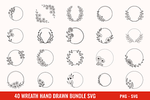 40 Wreath Hand Drawn Bundle Svg