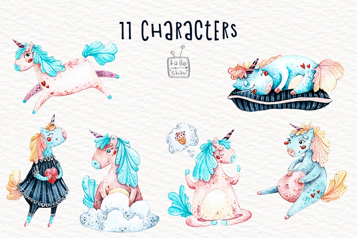 Watercolor sweet unicorns, an Animal Illustration by talloshau's illustrations (Photo 2 of 5)