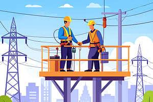 Powerline technicians workinh at height, a Work Illustration by DanFLCreativo