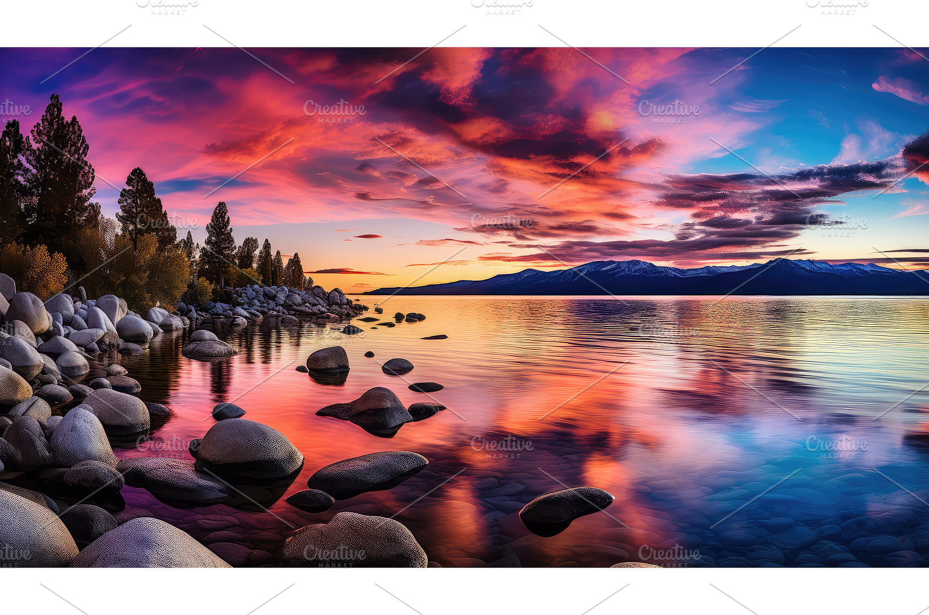 sunwater lake tahoe sunset ai, a Nature Photo by pikepicture