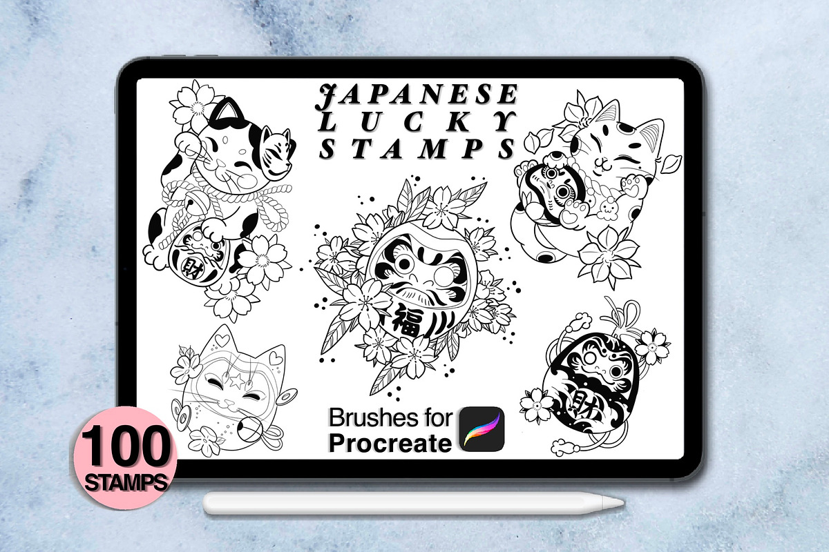 100 procreate Japanese lucky stamps, a Brush Add-On by Arts For Peace (Photo 5 of 9)