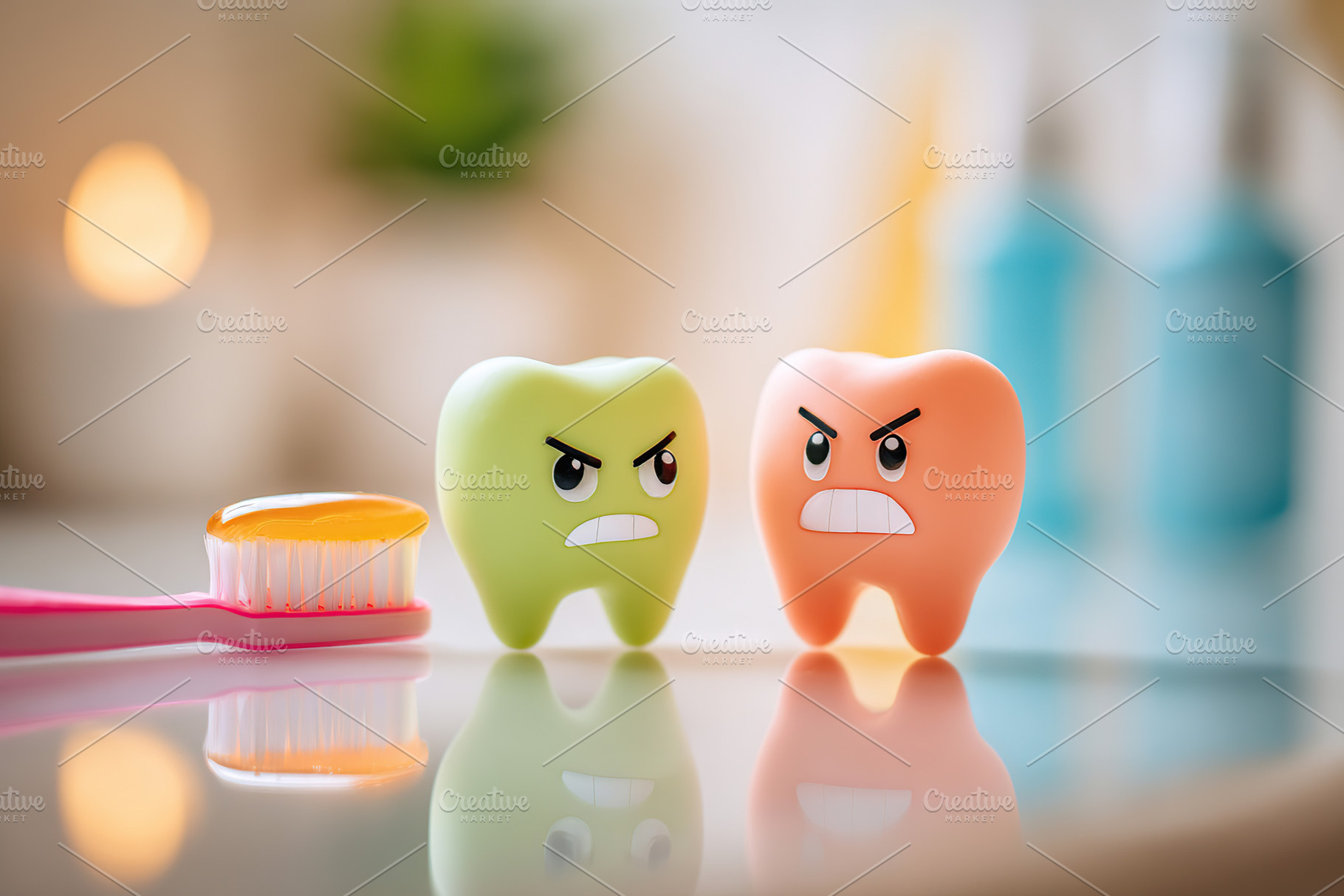 Playful teeth figures representing dental hygiene battle with toothbrush nearby, a Photo by AlyaAnd
