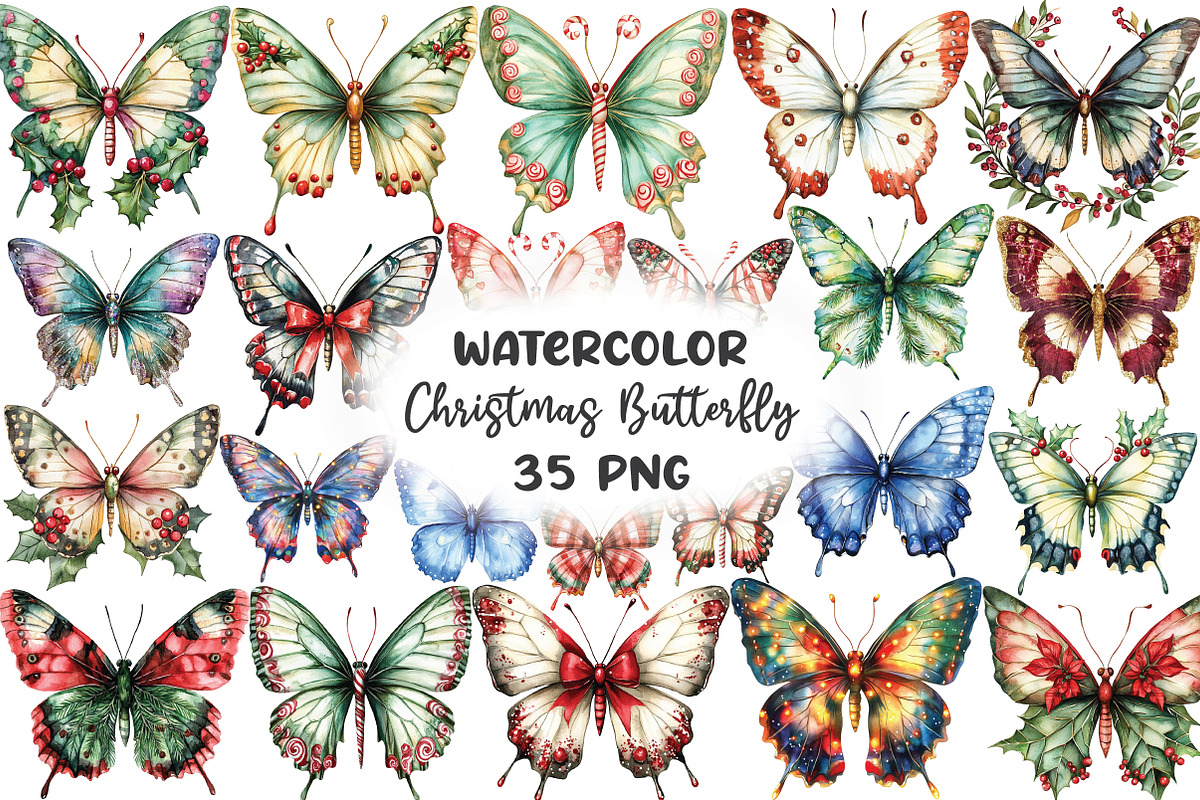 Watercolor Christmas Butterfly Clipa, an Illustration by CraftArtStudio (Photo 1 of 6)