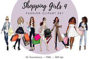 Shopping Girls 4 Fashion Clipart Set