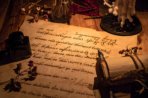 Ancient parchment with handwritten text and ink bottle nearby, a Background Photo by GoodGoods