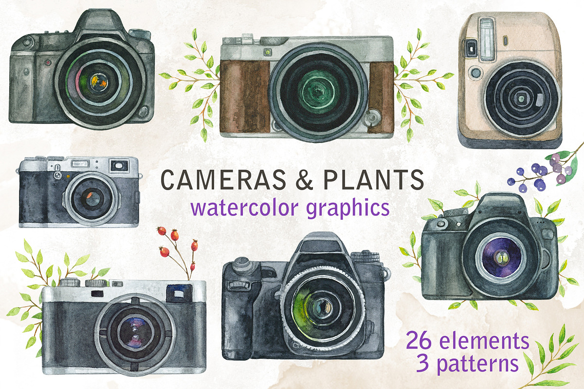 Cameras & plants. Watercolor set, an Illustration by Nastilustra (Photo 1 of 8)
