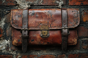 Vintage Leather Satchel on Brick Wal, an Abstract Photo by Pixeness Studio