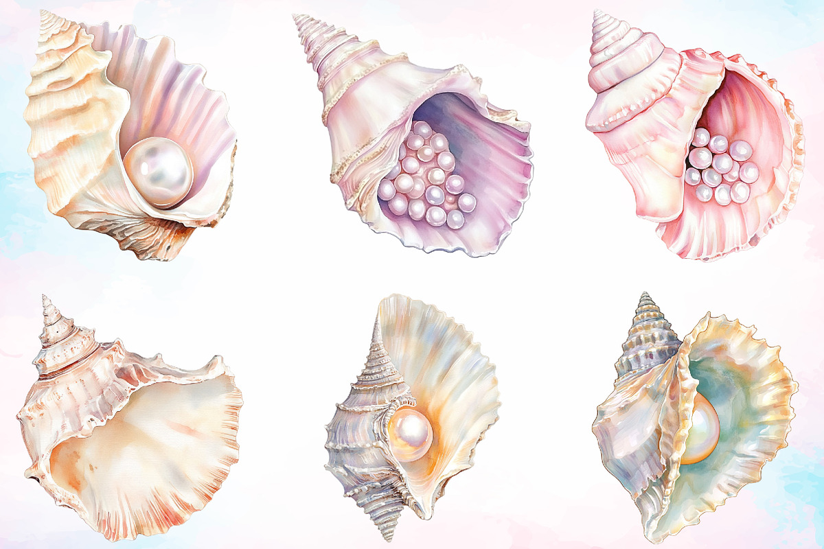 Watercolor Summer Seashell Clipart, an Illustration by Canvas Craft (Photo 3 of 4)