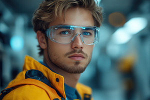 Young man wearing safety glasses and, a Photo by Tanuart
