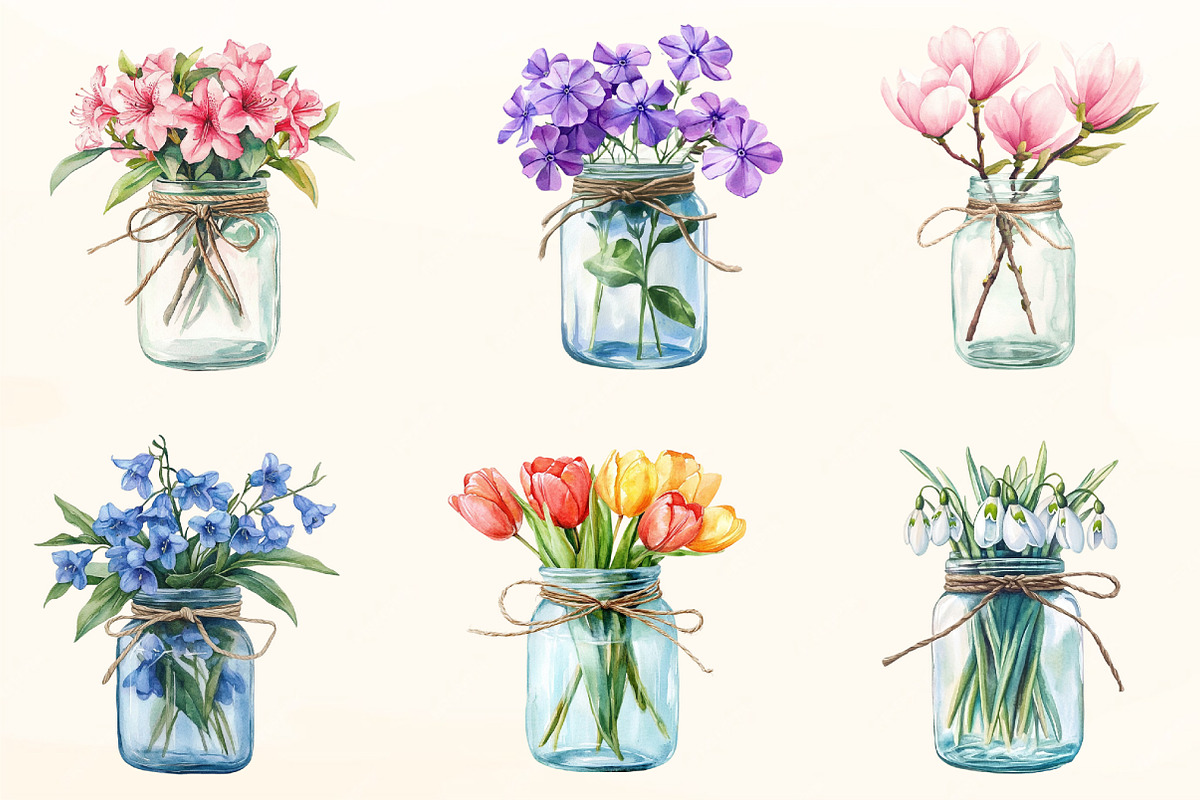 Watercolor Spring Flower Jar Clipart, a Work Illustration by OK Design (Photo 3 of 5)