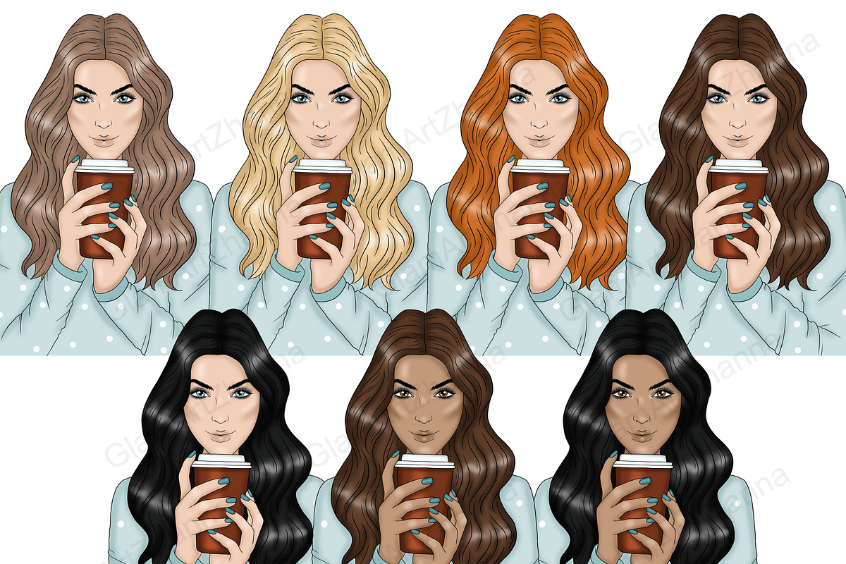 Coffee Lover Girls Clipart, a Person Illustration by GlamArtZhanna (Photo 2 of 3)