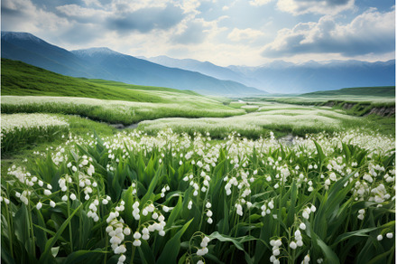 Lily valley blooming field. Generate, a Nature Photo by Ylivdesign
