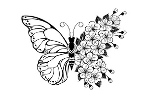 Flower Butterfly with Sakura, an Illustration by blackmoon9