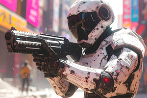 Armed police robot guarding futuristic city street with weapon, a Technology Photo by GoodGoods
