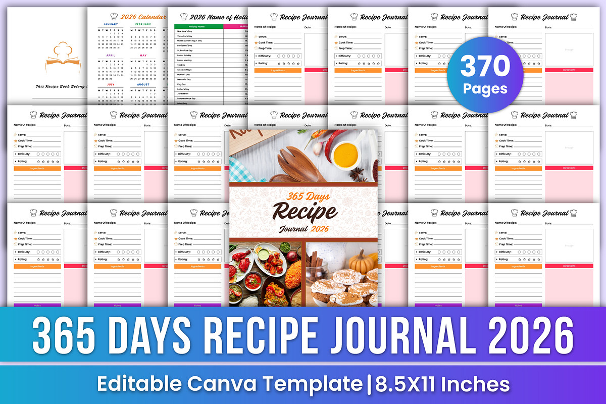 365 Days Recipe Journal 2026 Canva, a Print Template by Mustafiz (Photo 1 of 4)