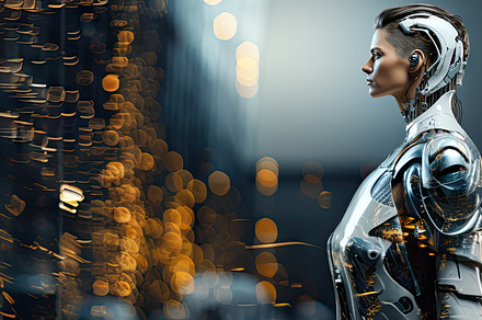 Portrait of a beautiful woman half-face becomes a robot with art, a Photo by AS photostudio