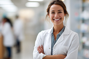 Cheerful female pharmacist in a lab, a Health & Medical Photo by MistyDay