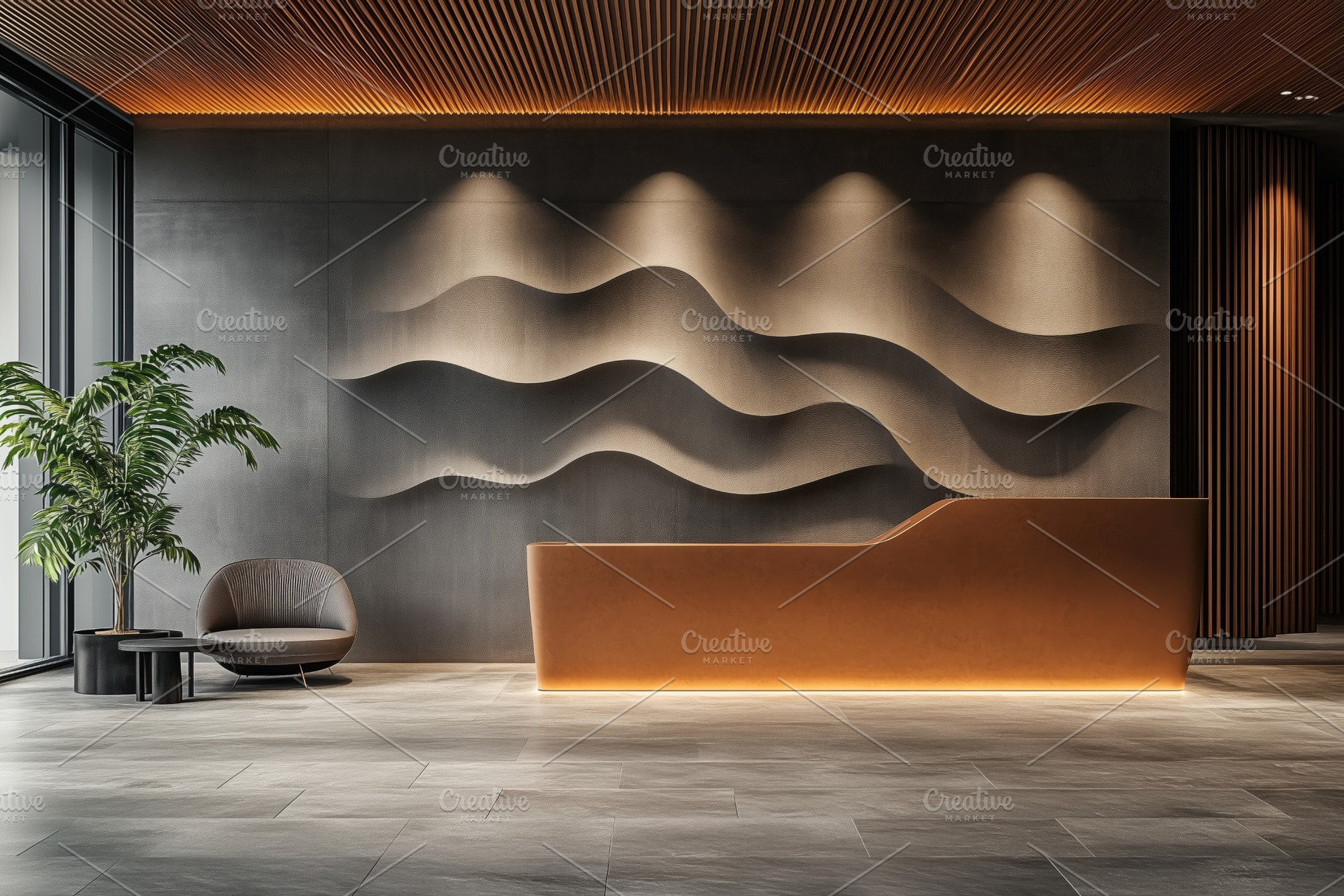 A modern reception area featuring a textured wave wall design, a sleek orange r, a Photo by Textures & Backgrounds