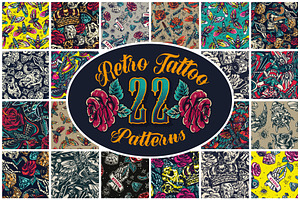 Retro Tattoo Seamless Patterns Set