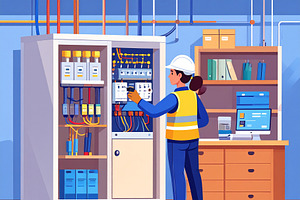 Flat illustration of woman electrician working on an electrical, a Person Illustration by DanFLCreativo
