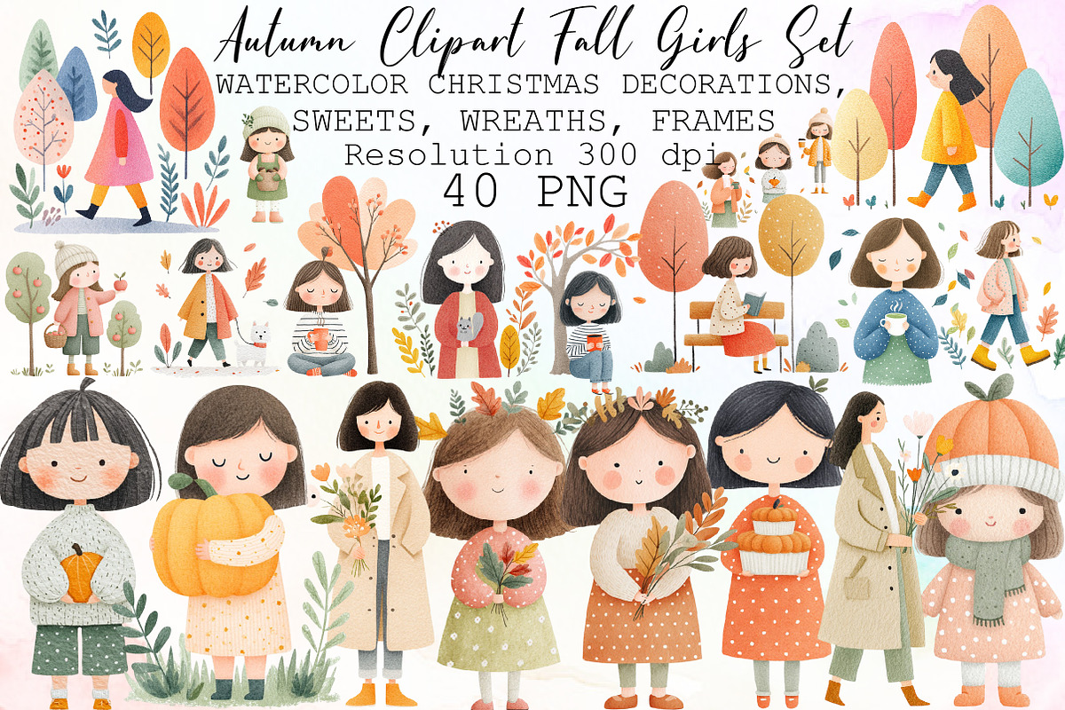 Watercolor Autumn Clipart Fall Girls, an Illustration by Sublimation Artist (Photo 1 of 6)